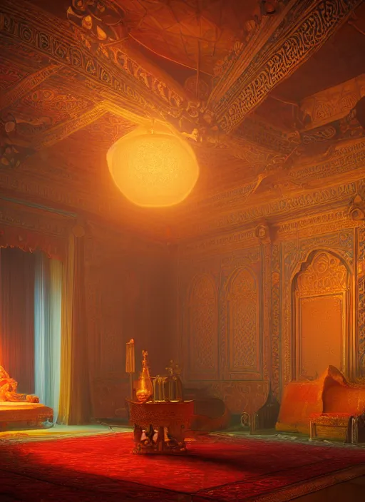 Prompt: beautiful interior of an ornate, intricate art nouveau arabian nights bedchamber, orientalism style, delphin enjolras, goro fujita, makoto shinkai, volumetric lighting, exquisite lighting, octane render, trending on artstation