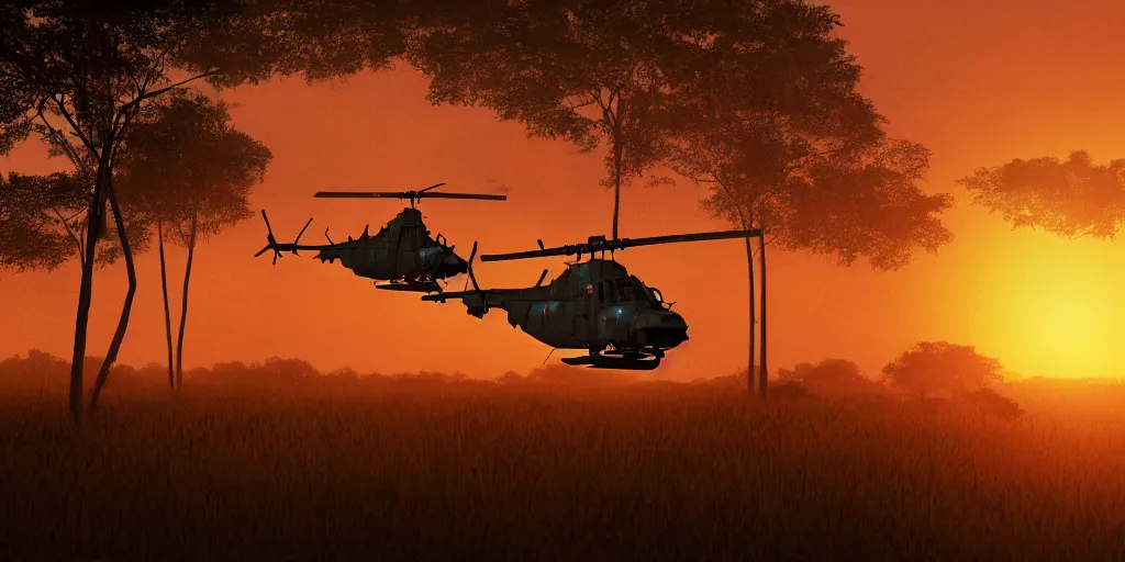 Image similar to Painting of vietnam Huey Helicopters, above a forest, orange sun set, abstract, realism, 8k, detailed, octane render, glow