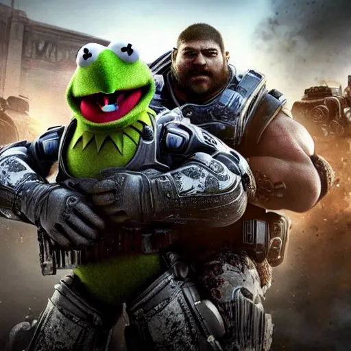 Prompt: the muppets in gears of war, splash art, movie still, cinematic lighting, dramatic, octane render, long lens, shallow depth of field, bokeh, anamorphic lens flare, 8 k, hyper detailed, 3 5 mm film grain