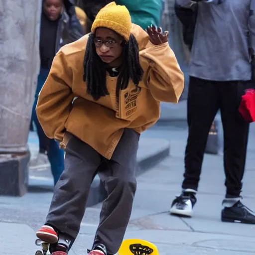 Image similar to high quality photo of a black harry potter on a skateboard in new york city