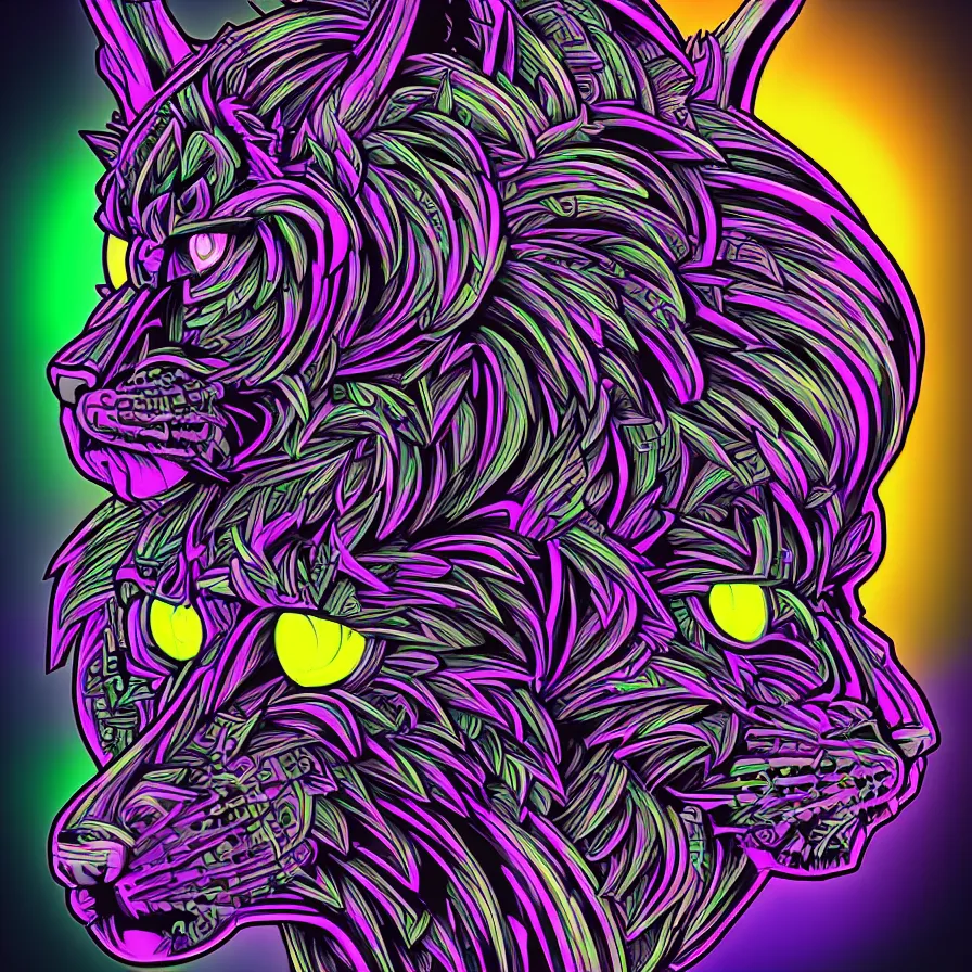 Prompt: a maximalist very detailed antropomorphic humanoid android with a head of a lynx. lowbrow blacklight color palette. artwork by subjekt zero