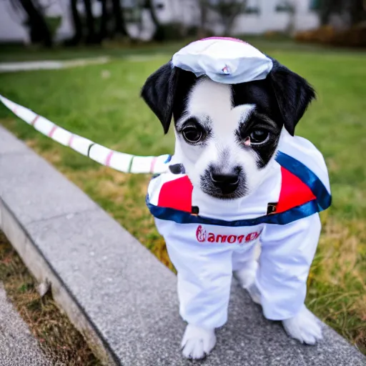 Image similar to a cute puppy wearing an ambulance costume, Canon EOS R3, f/1.4, ISO 200, 1/160s, 8K, RAW, unedited, symmetrical balance, in-frame