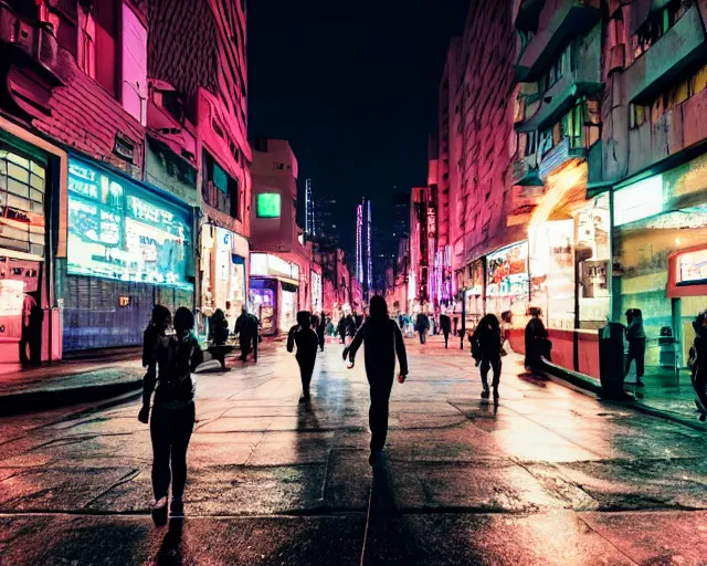 Image similar to people walking down a cyberpunk street at night