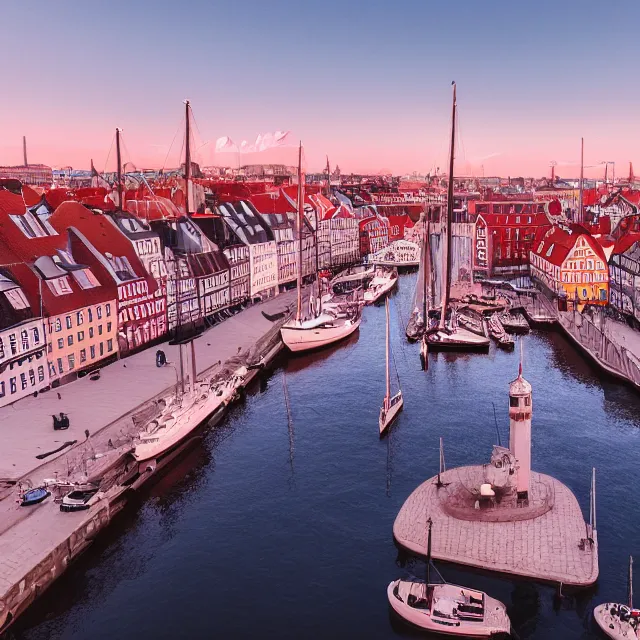 Prompt: copenhagen denmark with new england colonial buildings on a harbor, pink ice cream mountain in the distance, cinematic, volumetric, realistic, cinematic lighting, ray tracing, unreal engine 5, octane render, hyper realistic, photo, 8 k