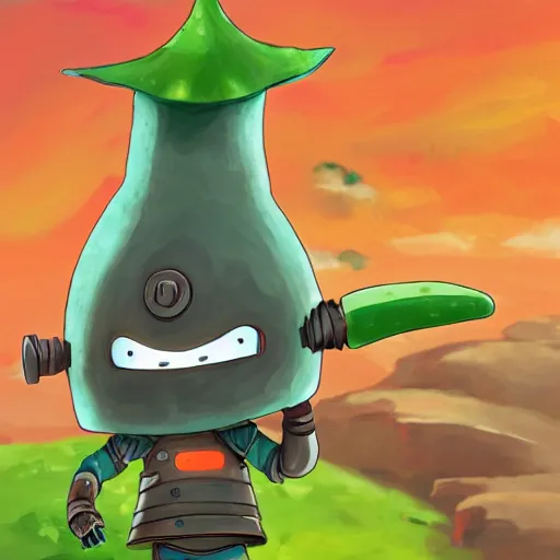 Image similar to little happy robot with big avocado hat and a carrot sword, made in abyss style, detailed background