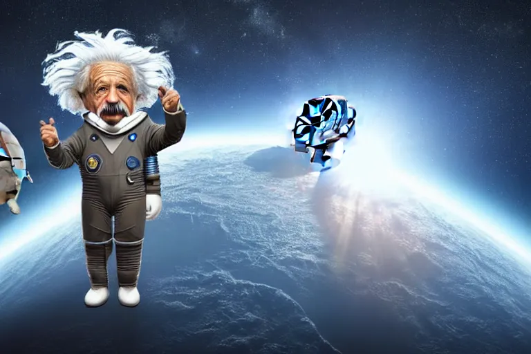 Image similar to still fullbody photo of sad albert einstein in spacesuit in space, flat earth on elephants and turtle at background, highly detailed, photorealistic shot, bright studio setting, studio lighting, crisp quality and light reflections, unreal engine 5 quality render