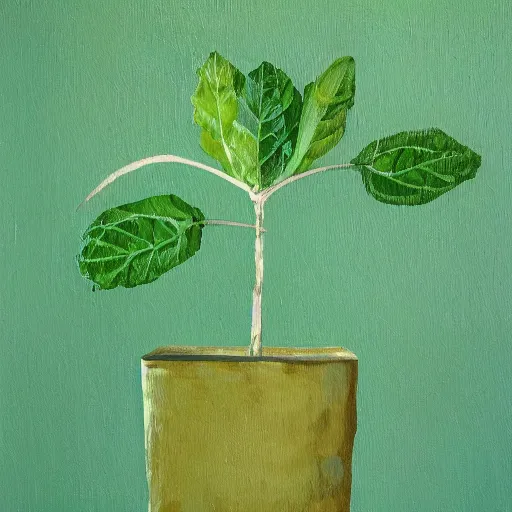 Image similar to an abstract painting of a dark green plant growing to take up everything against a mint green background, painting