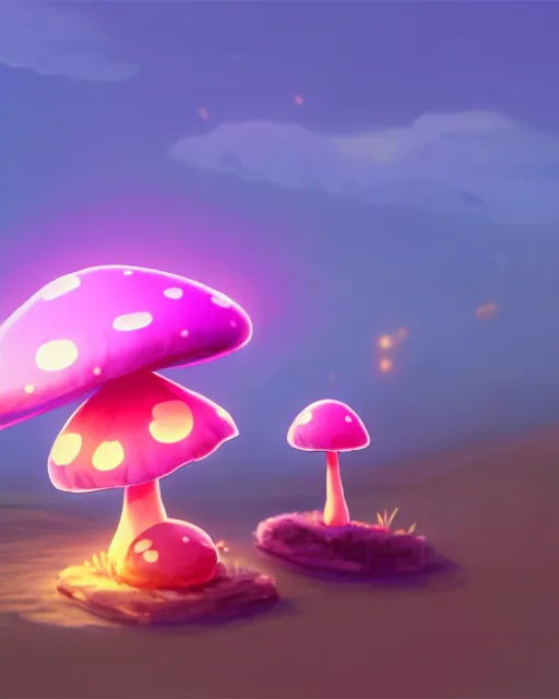 Prompt: concept art for a cute thicc mushroom creature, anime style, golden hour, lens flare, pastel pink glow, sitting on the beach | | epic - fine - clean, polished, trending on artstation, brush strokes