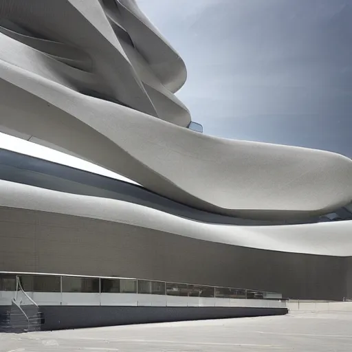 Image similar to raffaello moroder scissors building, external view, designed by zaha hadid, v ray, hd, futuristic