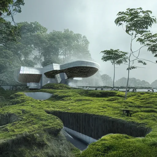 Prompt: futuristic cottage settlement in forest , Alvaro Siza, herzog de meuron, matte painting, high details, 8k