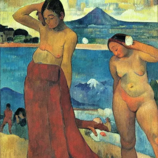 Prompt: Two young ladies bathing close to Naples Vesuvio as Paul Gauguin style