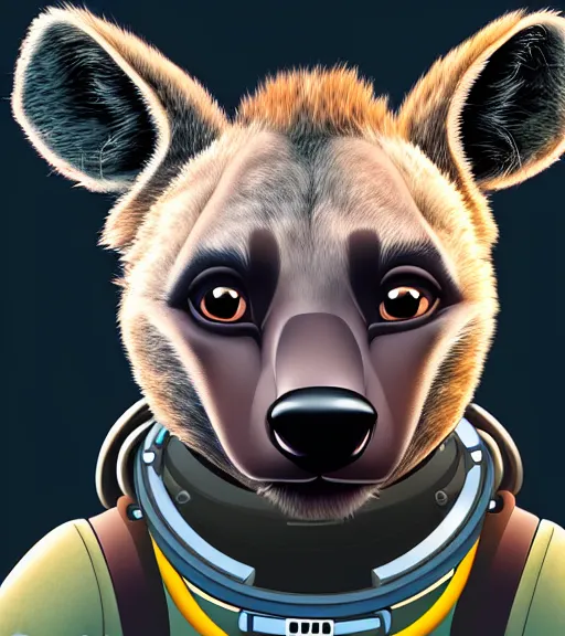 Image similar to digital detailed portrait of anthromorphic female hyena, in style of zootopia, fursona, furry, furaffinity, 4 k, deviantart, wearing astronaut outfit, in style of disney zootopia, floating in space, space background, in deep space, dark background, hyena fursona, cyberpunk, female, detailed face,