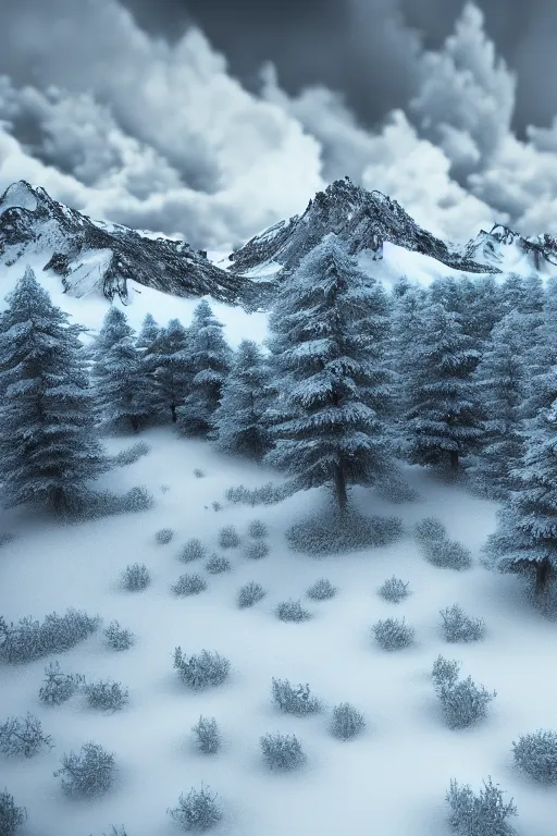 Prompt: 3 d render, realistic nature, dark color palate, snowy mountains, stormy weather, 8 k