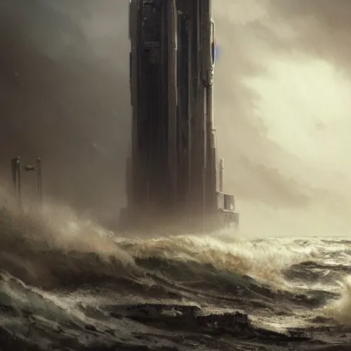 Prompt: star wars concept art by greg rutkowski, a brutalist giant tower in the middle of a raging and stormy ocean, lightning storm and gale force winds, dark environment, dramatic atmosphere, artstation hq.
