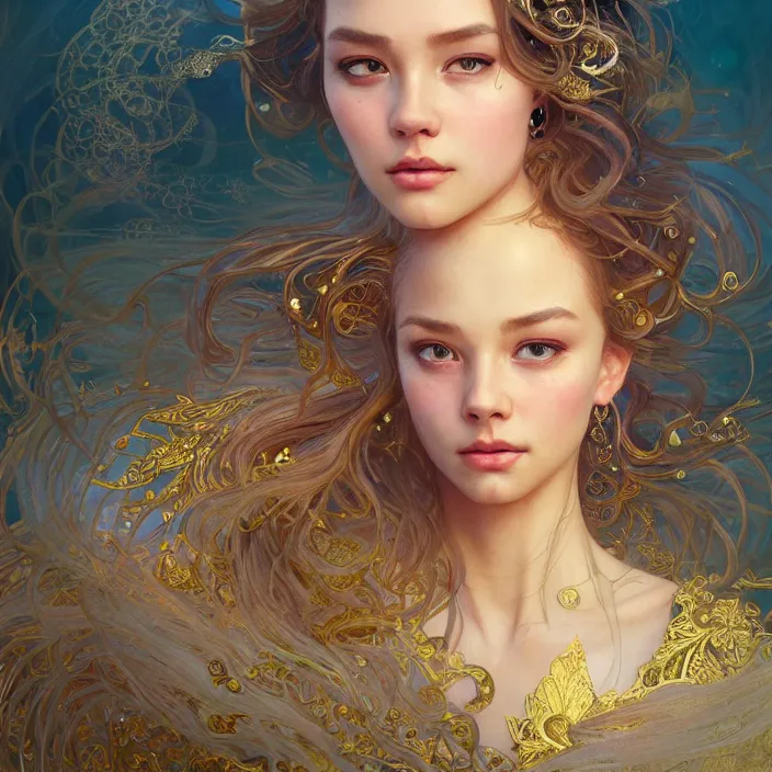 Prompt: beautiful jennie with sparkling eyes, messy hair, closed up portrait, highly detailed, gold filigree, epic, stunningly beautiful, insanely detailed, fantasy novel, soft cinematic lighting, award, disney concept art, watercolor illustration by mandy jurgens and alphonse mucha and alena aenami, pastel color palette, featured on artstation