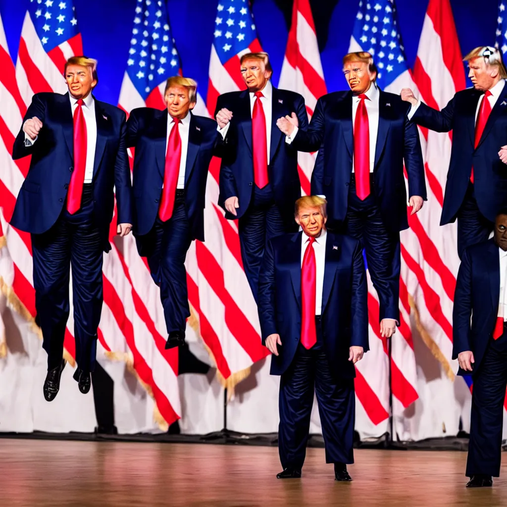 Prompt: “ photo of a vladimir putin, donald trump and ron desantis dancing a congo line on stage at cpac 2 0 2 2, award winning photo, golden hour, 2 0 mm lens ”