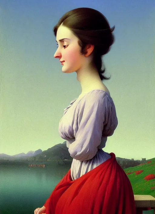 Image similar to hyper detailed 3 d render like a oil painting - cute portrait of a brunette called emma, italian looks, looking at camera, symmetrical face, long brunette hair, with a smiling cow looking over her shoulder by ryden, kawase hasui, dorothea tanning, edward hopper and james gilleard, aivazovsky, beksinski, outram, artstation