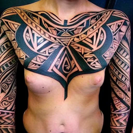 Image similar to tribal tattoo along female chest, epic, psychedelic, intricate detail