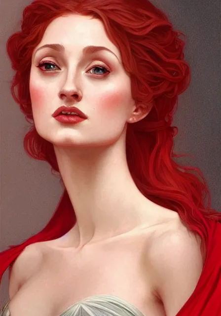 Prompt: sansa angeline jolie gessica chastain in red, intricate, elegant, highly detailed, digital painting, artstation, concept art, smooth, sharp focus, illustration, art by artgerm and greg rutkowski and alphonse mucha and william - adolphe bouguereau