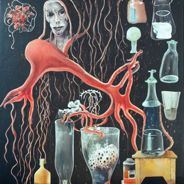 Prompt: a dark apartment with black walls, portrait of female art student holding an octopus, jellyfish, shipwreck, berries, trash, starfish, coral, rocks, intertidal zone, empty pet bottles, scientific glassware, neo - expressionism, surrealism, acrylic and spray paint and oilstick on canvas