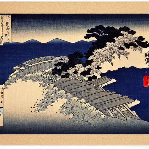 Prompt: train, painting by hokusai