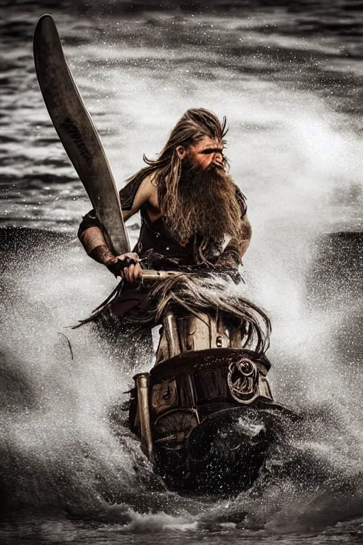 Image similar to old vintage full body photo of ancient viking warrior with full beard on the complex complex steam punk jet ski with antigravity engine during big viking event, extreme sports photography ,super high speed photography, dynamic photography,symmetrical face, clean face, muscular body, high speed,dirt and grawel in air, lens flares, dust partiles in the air, dramatic lighting, intricate, highly detailed, centered, smooth, sharp focus, sports photography, old photo, black and white, sepia, cinematic lighting, cinematic angle, national geographic