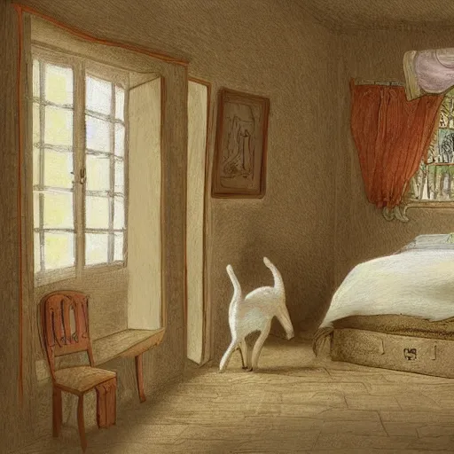 Prompt: a very very very very detailed digital art of Cute singular Cat in Provence style Room,