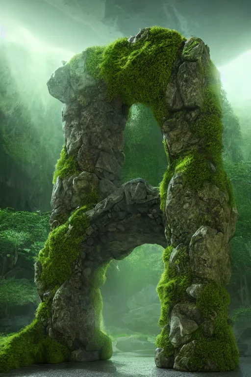 Image similar to the entrance of valhalla, large ornated stone portal, beautiful composition, nature, mossy stone, low angle, rays of light, light dust, octane render, unreal engine, photography, 8 k