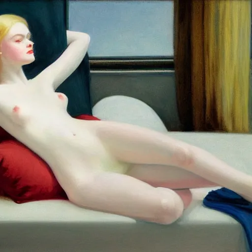 Prompt: Painting of Elle Fanning performing necromancy, long blonde hair, delicate, pale milky white porcelain skin, by Edward Hopper. 8K. Extremely detailed.