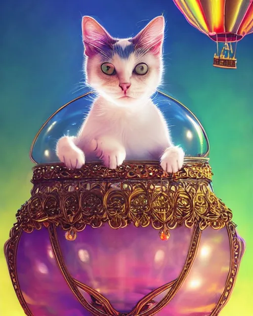 Image similar to cute female cat inside an ornate flying balloon basket of iridescent liquid, alchemy, shiny plastic, intricate, bloom, detailed, volumetric lighting, sharp focus, photorealism, digital painting, highly detailed, concept art, by by artgerm and wlop