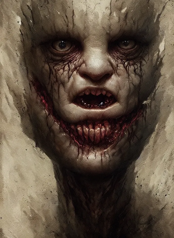 Prompt: a face portrait of a creature invoking fear, art by greg rutkowski, stranger things, horror setting, dark lighting, matte painting, trending on artstation, very detailed