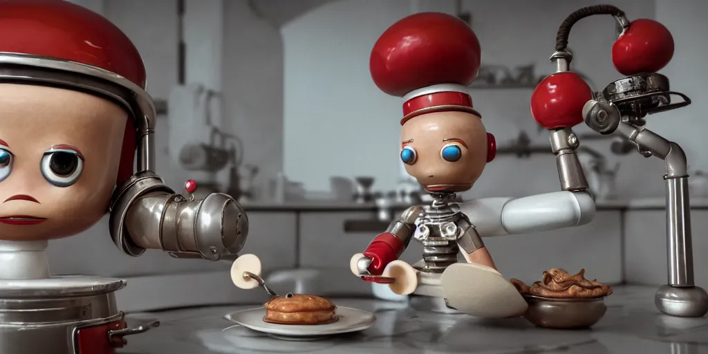 Image similar to closeup portrait of tin toy retro robot chef cooking pastry in a kitchen, depth of field, zeiss lens, detailed, centered, fashion photoshoot, by nicoletta ceccoli, mark ryden, lostfish, breathtaking, 8 k resolution, extremely detailed, beautiful, establishing shot, artistic, hyperrealistic, octane render