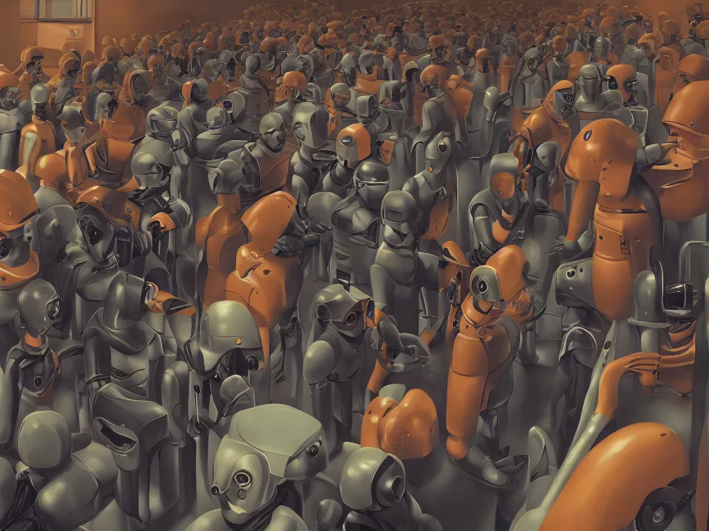 Image similar to authoritarian robot cops herd young men into security cells in a fascist police state, art by manuel sanjuian and george tooker and james paick, cinematic, spooky science fiction, digital illustration, 8 k resolution, hyperrealism