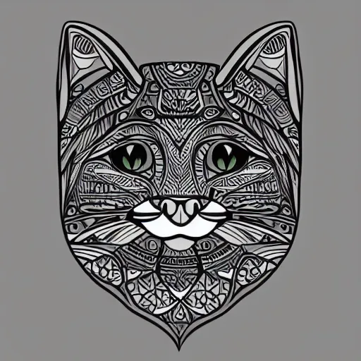 Prompt: tattoo sketch of a cat with one eye, on a canva, polinesian style, minimalism, line art, vector