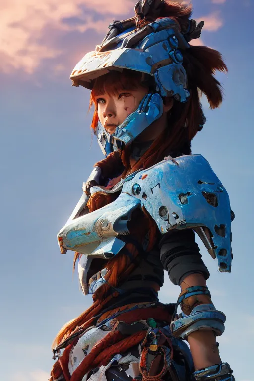 Image similar to combination suit armor aloy horizon forbidden west horizon zero dawn robot ninja mask helmet backpack tribal, aesthetic octane render, 8 k hd resolution, by ilya kuvshinov and cushart krentz and gilleard james radiating a glowing aura cgi rtx 2 0 2 2