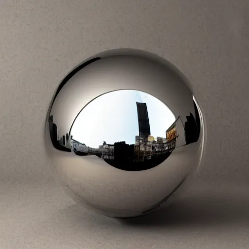 Image similar to shiny reflective mirror sphere laying on a table, high detail, complex