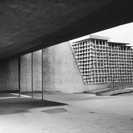 Prompt: beautiful complex brutalist building by Le Corbusier