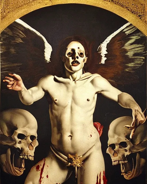 Image similar to an angel with a skull painted with indigenous motifs for the head by caravaggio, dramatic lighting, blood, god rays, angelical