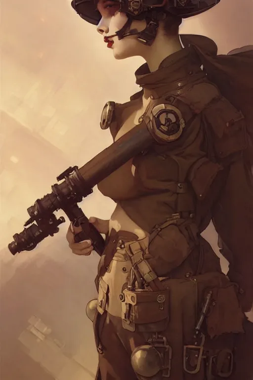 Image similar to dieselpunk soldier girl, helmet, shoulders, chest, portrait, armored, illustrations by wlop and alfons maria mucha and craig mullins and loish and rossdraws and artgerm