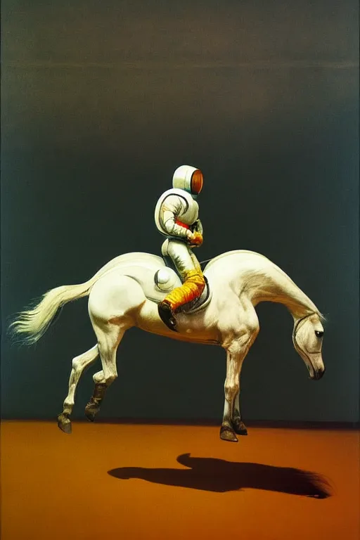 Image similar to a horse stands on the back of a horse astronaut, hauntingly surreal, highly detailed painting by francis bacon, edward hopper, adrian ghenie, gerhard richter, and james jean soft light 4 k,