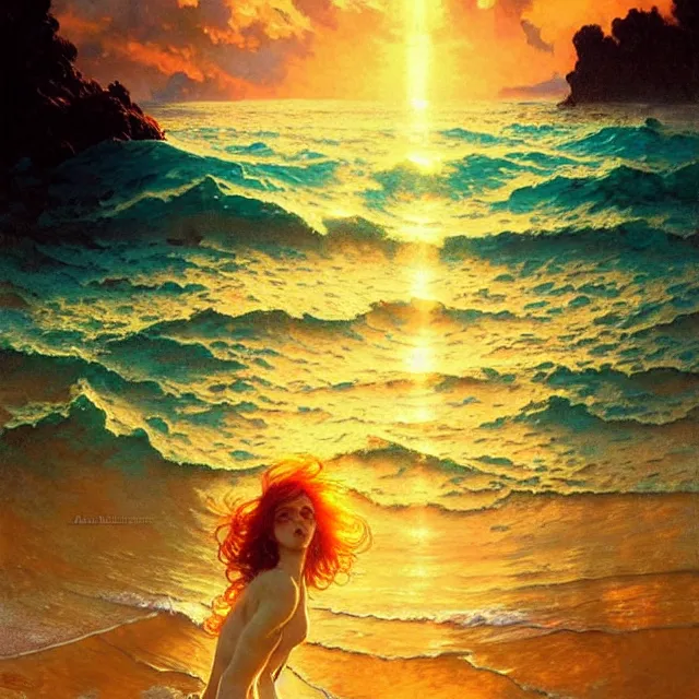 Prompt: backlit ocean waves of glossy kaleidoscopic liquid honey drops flowing like psychedelic translucent amber, lsd waves, lsd ripples, backlit, sunset, refracted lighting, art by collier, albert aublet, krenz cushart, artem demura, alphonse mucha