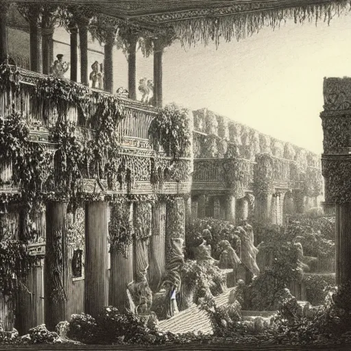 Image similar to the hanging gardens of babylon, gustave dore lithography