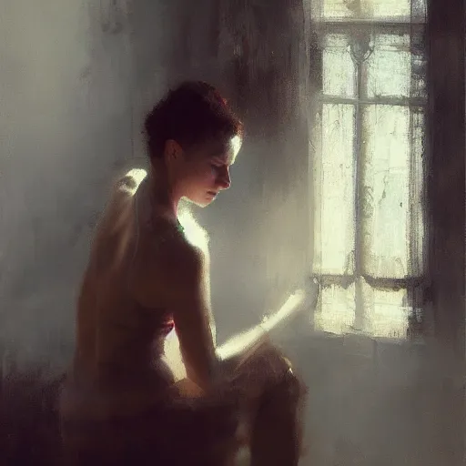 Prompt: portrait of a emotional dancer practicing alone, soft window light, long shadows, by craig mullins, jeremy mann.