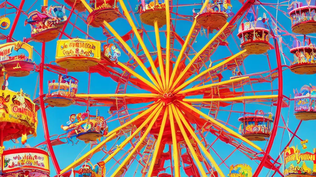 Image similar to carnival town, the horror carnival drawn in the style of a children's book. ferris wheel, circus tent, and carousel. disney style. cutesy, fun, and bright. color harmony, 8 k detail, gallery quality, hd wallpaper, premium prints available, hyper - detailed, intricate design.