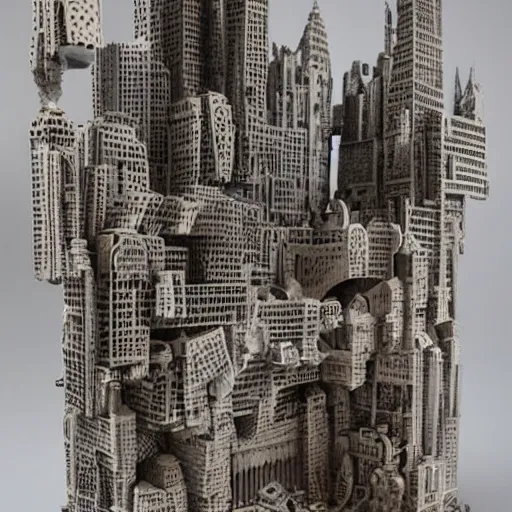 Image similar to an intricate 3d sculpture of a cityscape with angels and demons by kris kuksi