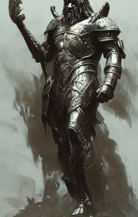 Image similar to zeus god concept, wearing thunder armor, greek ornamented armor, beksinski, ruan jia, weta workshop concept art