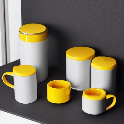 Prompt: yellow coffee mug, mugs surface is similar to a rimowa aluminium suitcase, mug is full of steaming coffee