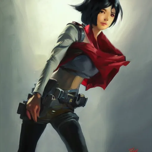 Image similar to greg manchess portrait painting of mikasa ackerman as overwatch character, medium shot, asymmetrical, profile picture, organic painting, sunny day, matte painting, bold shapes, hard edges, street art, trending on artstation, by huang guangjian and gil elvgren and sachin teng