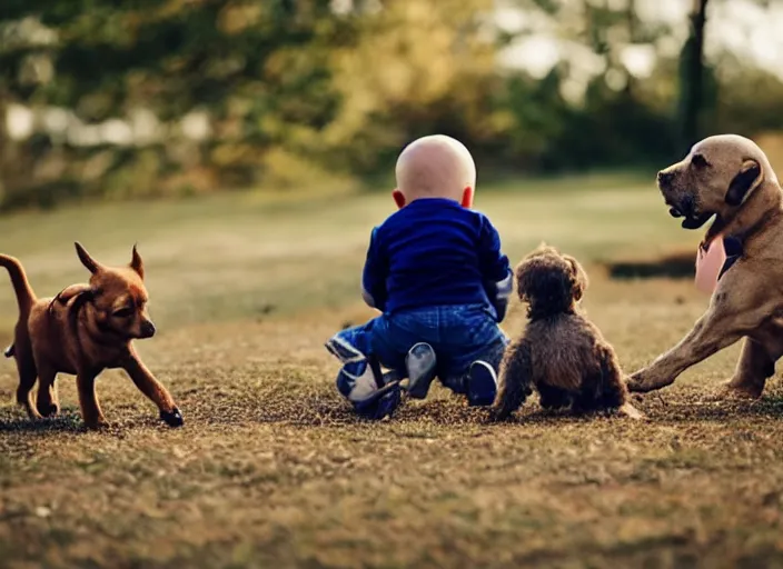 Prompt: baby and dog playing together