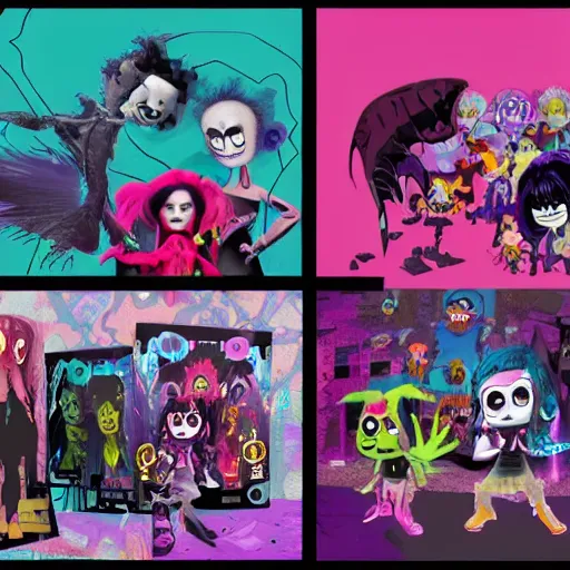 Prompt: lisa frank gothic emo punk vampiric rockstar vampire squid with translucent skin concept character designs of various shapes and sizes by genndy tartakovsky and the creators of fret nice at pieces interactive and splatoon by nintendo for the new hotel transylvania film starring a vampire squid kraken monster